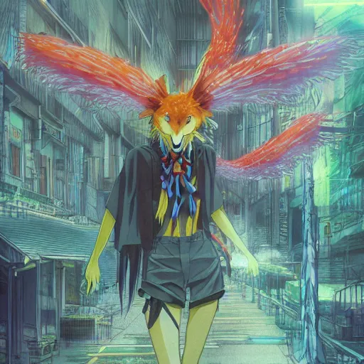 Prompt: screenshot from an anime about a glowing bipedal demonic skeletal fox with 9 blazing peacock tails wearing wizard robes and wandering an empty street alone, anime, 8 0 s, vhs, vhs effects, art by yuji ikehata