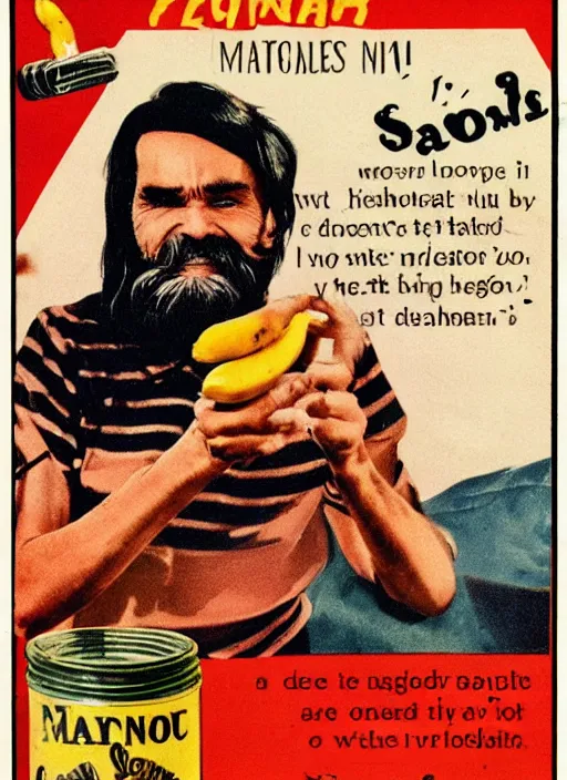 Prompt: vintage home barbecue advertisement depicting charles manson slipping on a banana peel