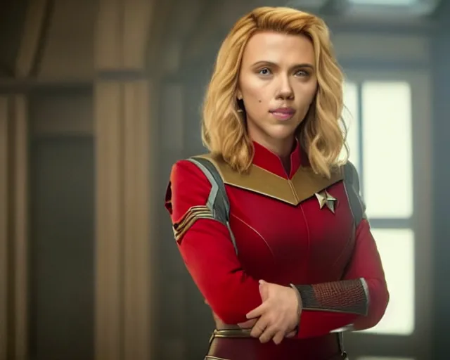 Image similar to portrait of scarlett johansson, in starfleet uniform, in a scene from the tv series vikings