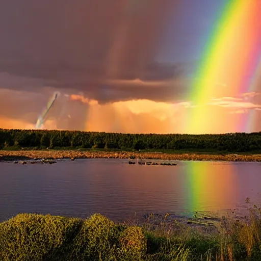 Prompt: Mystery sunset from dusk with a big rainbow in the middle and light falls in the sky with beautiful blue hour