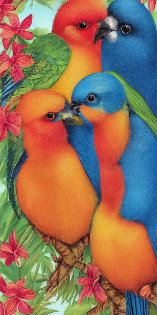 Image similar to greeting card, love, beautiful tropical bird couple, by tran nguyen, warm colors, cozy