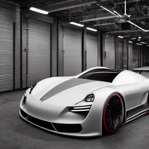 Prompt: a vision gran turismo style concept porsche :: studio lighting, inside a warehouse