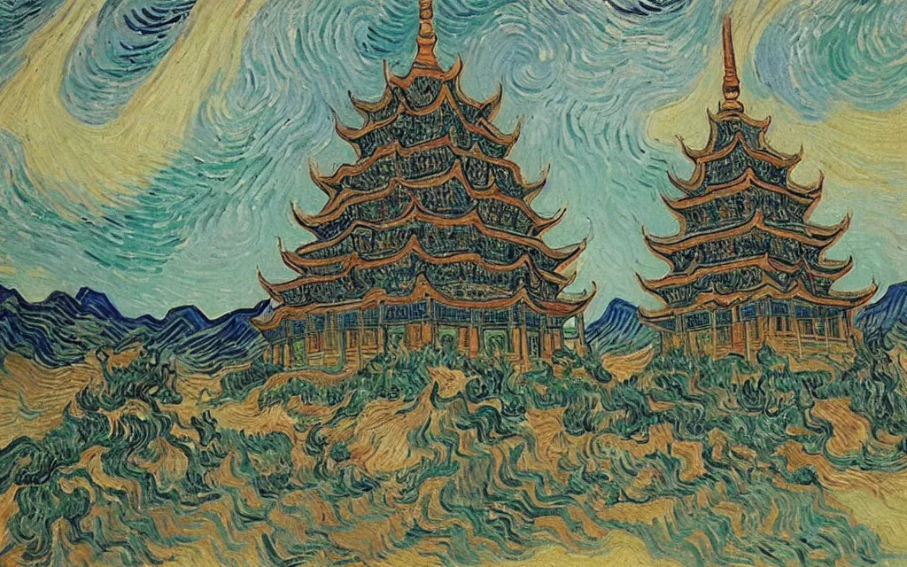 Image similar to twin ornate chinese buddhist pagodas in a beautiful chinese landscape by vincent van gogh