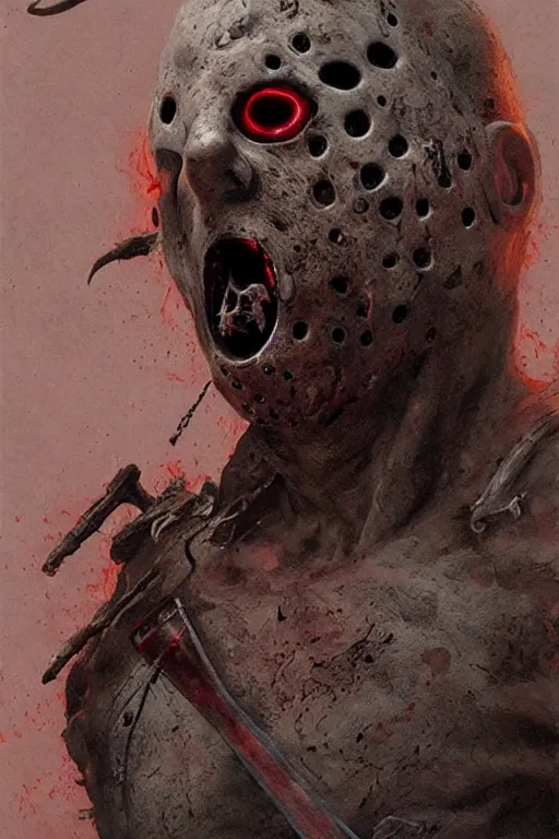 Prompt: distorted, grotesque vision of Jason Voorhies with machete peering through corpse, dark, intricate, smooth, artstation, painted by Wayne Barlowe, Greg Rutkowski, Zdislav Beksinski