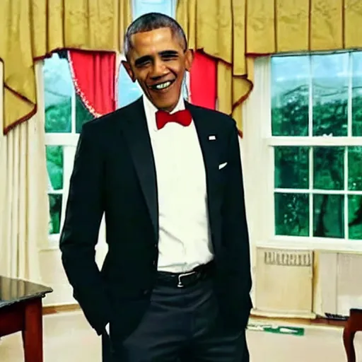 Image similar to realistic photo of casual barack obama with red hair wearing a black sweater and a green bow tie, still from riverdale