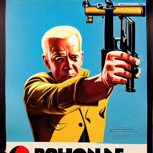 Image similar to propaganda poster of joe biden pointing gun directly at camera in james bond movie, closeup of gun, visible barrel and grip by j. c. leyendecker, bosch, lisa frank, jon mcnaughton, and beksinski