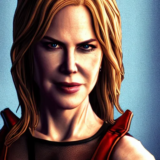 Image similar to nicole kidman portrait, borderlands, tales from the borderlands, the wolf among us, comic, cinematic lighting, studio quality, 8 k