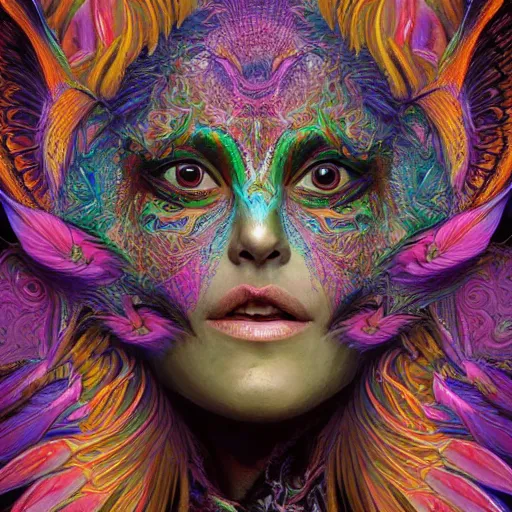 Image similar to A reality bending psychedelic ayahuasca experience, colorful, distorted, surreal, tropical bird feathers, dramatic lighting on the face, intricate, elegant, highly detailed, digital painting, concept art, smooth, sharp focus, illustration, art by Krenz Cushart and Wayne Barlowe and alphonse mucha