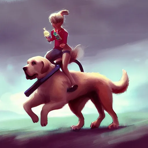 Prompt: a girl riding a giant dog, trending on artstation