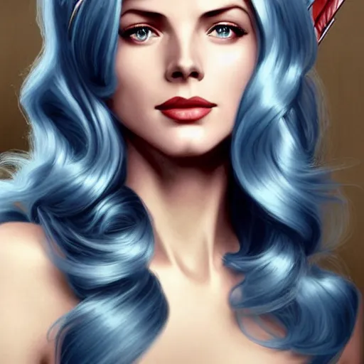 Image similar to A combination of Grace Kelly's and Katheryn Winnick's and Ashley Greene's faces with blue hair as She-Ra, western, D&D, fantasy, intricate, elegant, highly detailed, digital painting, artstation, concept art, matte, sharp focus, illustration, art by Artgerm and Greg Rutkowski and Alphonse Mucha