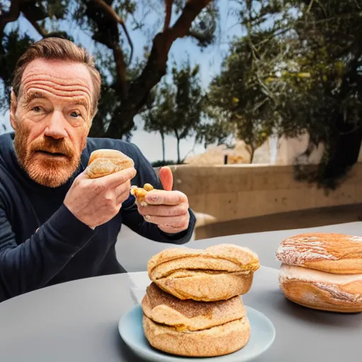 Prompt: bryan cranston eating pan dulce, ( sony a 7 r iv, symmetric balance, polarizing filter, photolab, lightroom, 4 k, dolby vision, photography awardm, voque, perfect face )