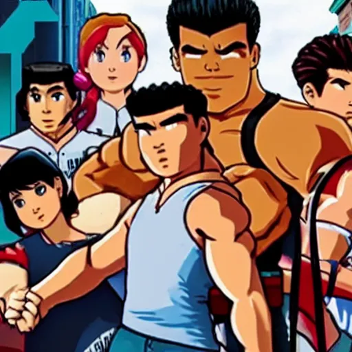 Prompt: film still from the new live - action netflix movie adaptation,'river city ransom'