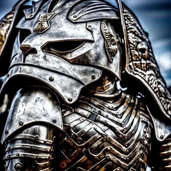 Image similar to photo of a warrior with metal lion themed armour, highly detailed, 4 k, hdr, smooth, sharp focus, high resolution, award - winning photo