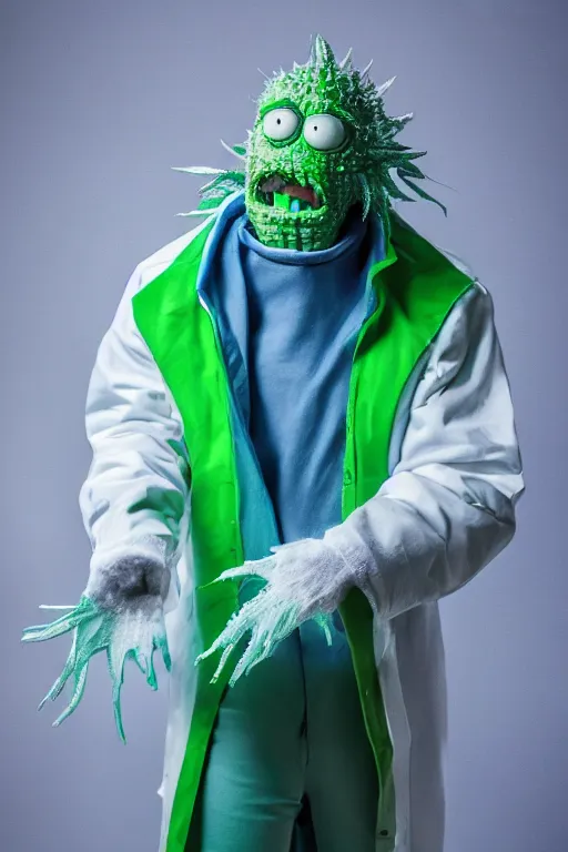 Image similar to real life pickle rick with white labcoat and blue spiky hair, zeiss lens, photography