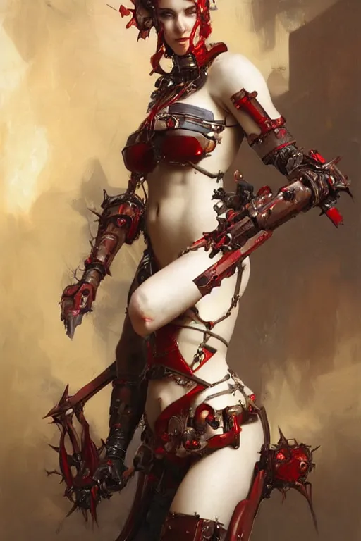 Image similar to Portrait of beautiful pale smiling cyborg maiden in bikini armor with crown of thorns and glowing red eyes, steampunc, Warhammer 40000, digital art from artstation by Ruan Jia and Mandy Jurgens and Artgerm and william-adolphe bouguereau