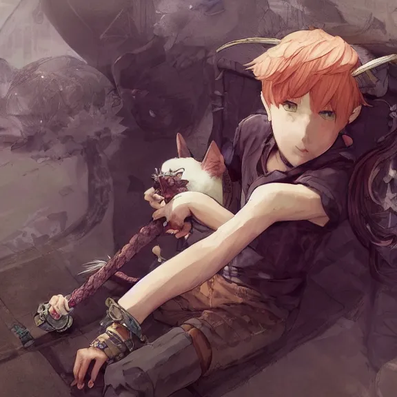 Prompt: character portrait of boy with cat ears and tail resting, color page, tankoban, 4 k, tone mapping, fantasy painting, akihiko yoshida, james jean, andrei riabovitchev, marc simonetti, yoshitaka amano, fluffy, curly, very very very very very very very very very beautiful.
