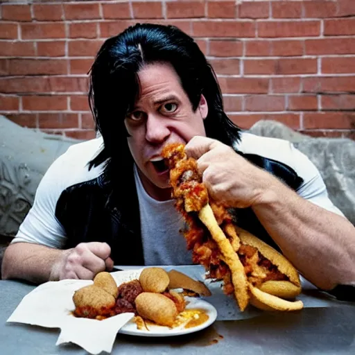 Image similar to Glenn Danzig eating a very messy chili dog. He is wearing a leather vest. Chili and beans have spilled on his bare chest.