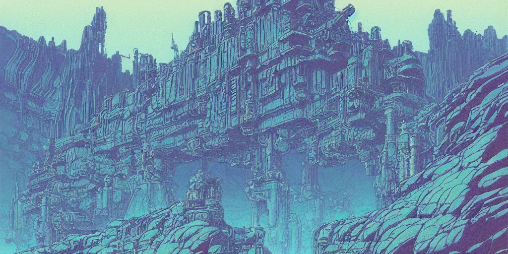 Image similar to grainy risograph matte painting of gigantic huge mech with huge swords, pastel matte colors, staying in the toxic blue canyon, by moebius, hyperrealism, intricate detailed