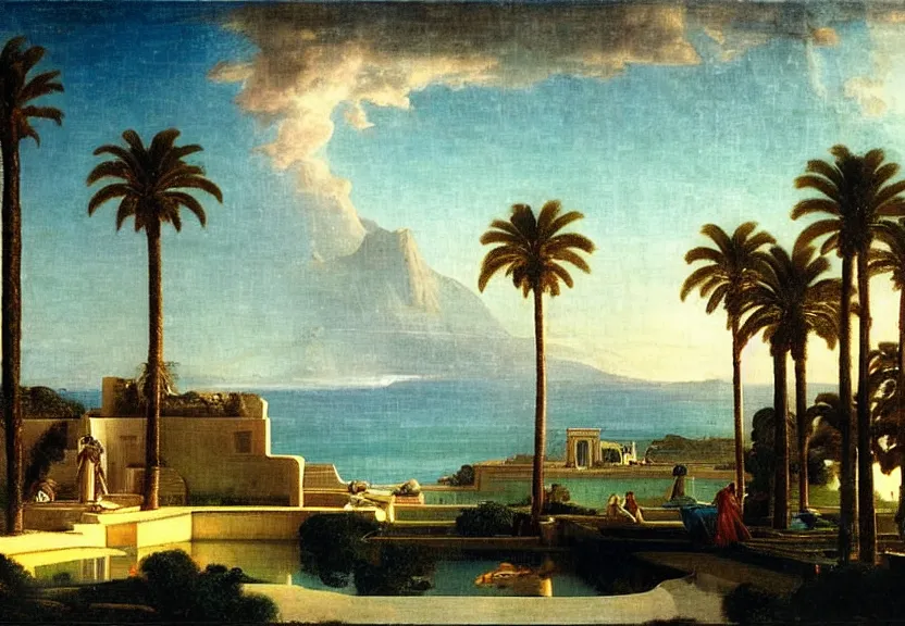 Image similar to The biggest palace ever made, thunderstorm, greek pool, beach and palm trees on the background major arcana sky, by paul delaroche, hyperrealistic 8k, very detailed