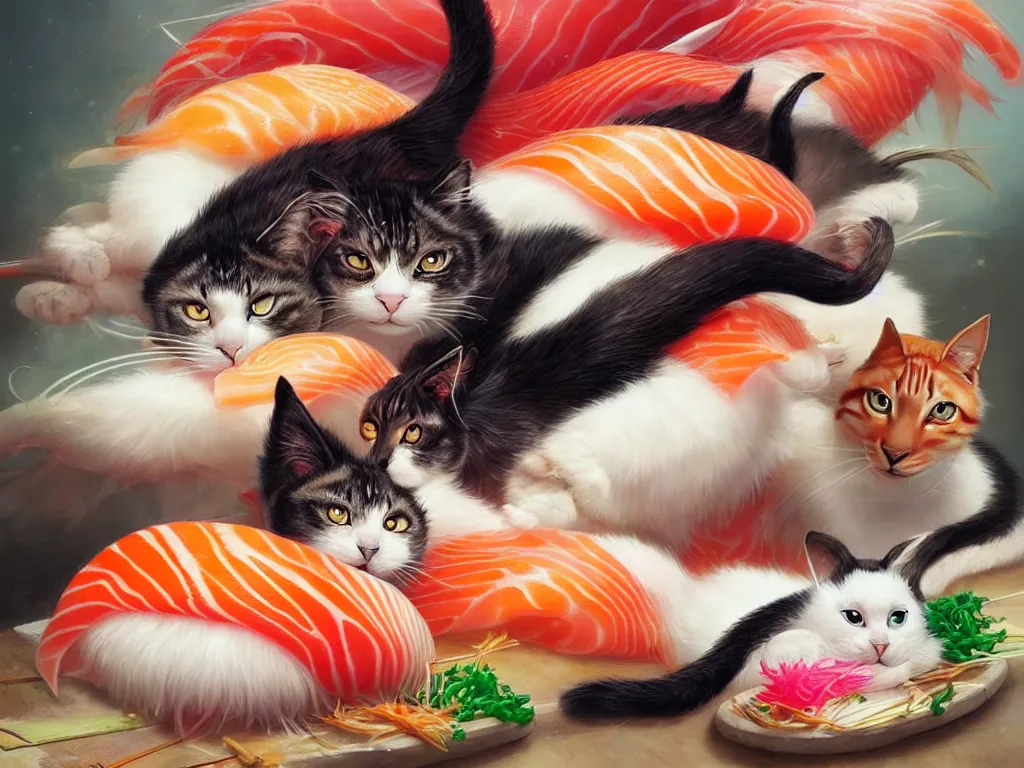 Image similar to a beautiful picture of sushi made with cats, studio picture, realistic illustrative painting, artgerm, visionary arts, huang guangjian