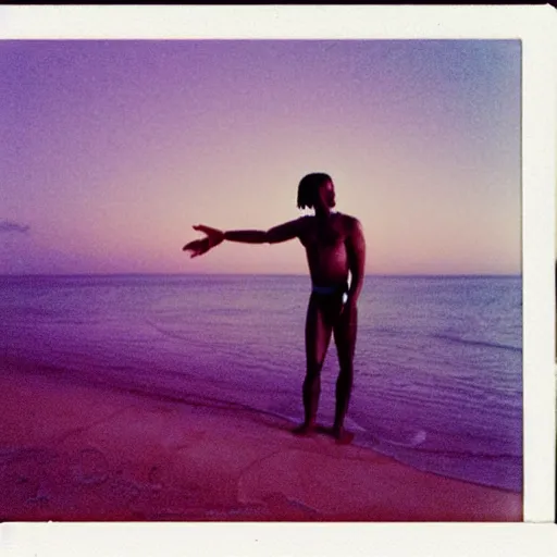 Prompt: will smith wearing a pink speedo on a moonlit beach in miami in the 8 0 s, polaroid photo