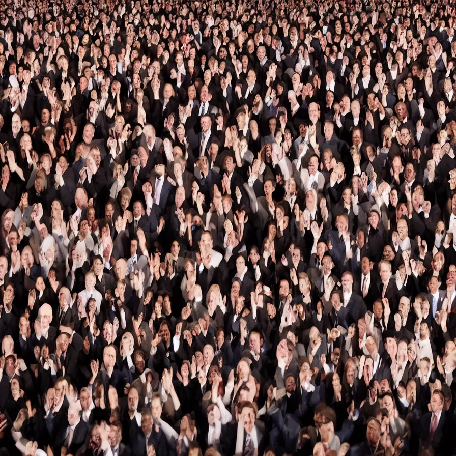 Image similar to award - winning photograph of a crowd of barack obamas staring at the camera with a very muted expression, professional picture, eerie, very highly detailed, cinematic lighting, photo, sharp, clear