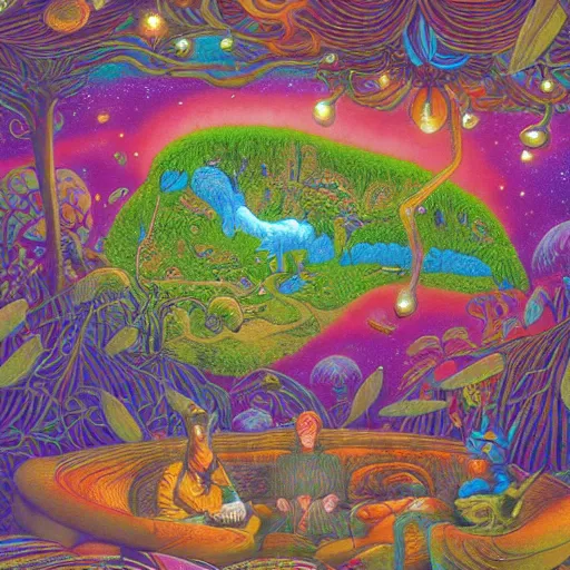 Image similar to psychedelic couch sofa in the lush forest, milky way, designed by moebius, rob gonsalves, gustav dore, giuseppe arcimboldo and carl barks, louis wain, trending on artstation, mediterranean, star, sharp focus, colorful refracted sparkles and lines, soft light, 8 k 4 k