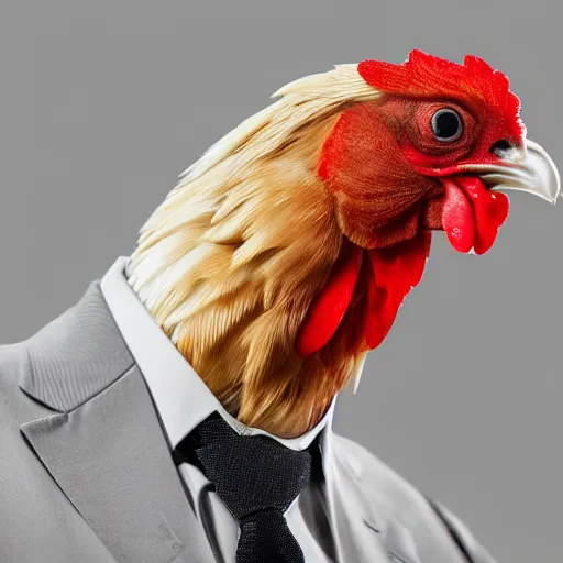 Image similar to a closeup portrait of an antropomorphic chicken wearing a suit, photorealistic