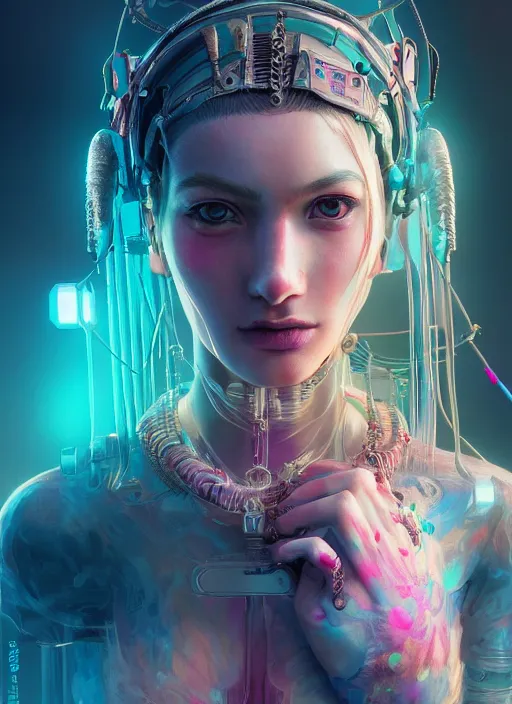 Image similar to detailed realistic full body colorful pastel painting of a cyberpunk female in intricate clothing, beautiful face, elegant pose, fantasy, illustration, insanely detailed and intricate, octane render, 4k