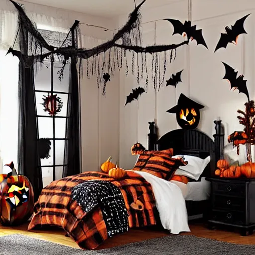 Image similar to homemade halloween themed christmas bedroom ideas, high resolution, creative, visually appealling