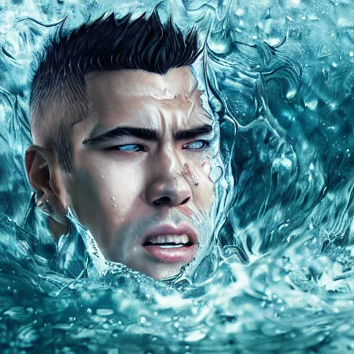 Image similar to hyper realistic photoshop photo edited by expert painting photorealistic shockingly amazing portrait of guts from berserk submerged in water ,extremely detailed, made by wlop and maxwell boas