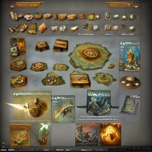 Image similar to unreal engine, tony sart, table, map, wizards laboratory, mortar, pestle, scales, magic book, beaker, energy