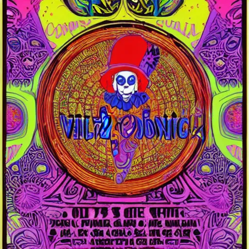 Prompt: Fillmore concert poster for The Bozone April 20, 1969 by Victor Moscoso and S. Clay Wilson, Cryengine, HD render, 3d, psychedelic, intricate paisley filigree Bozo the clown. red clown nose, mandala, day-glo colors, flowing lettering