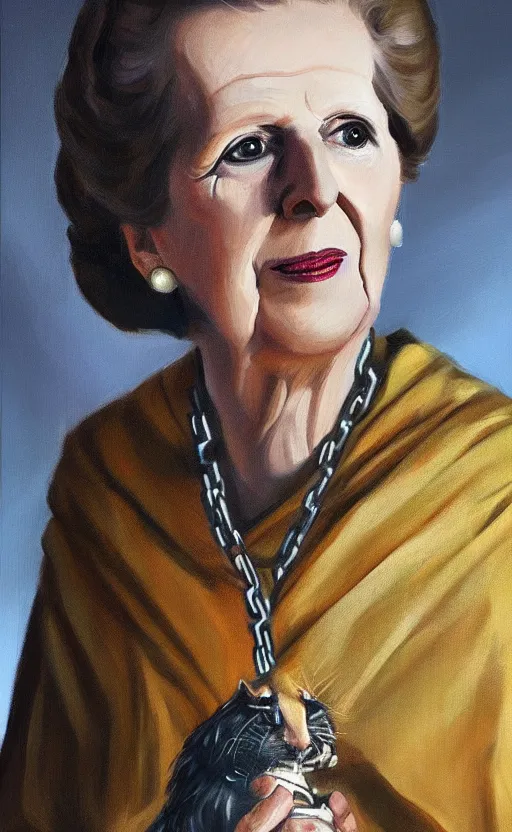 Image similar to an oil portrait of margaret thatcher in ceremonial robe keeping chained distressed servals at her feet, high quality, artstation, higly detailed, dark lighting