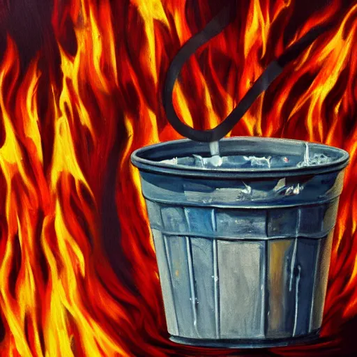Prompt: a bucket of water in flames, chaotic painting, depicting remorse