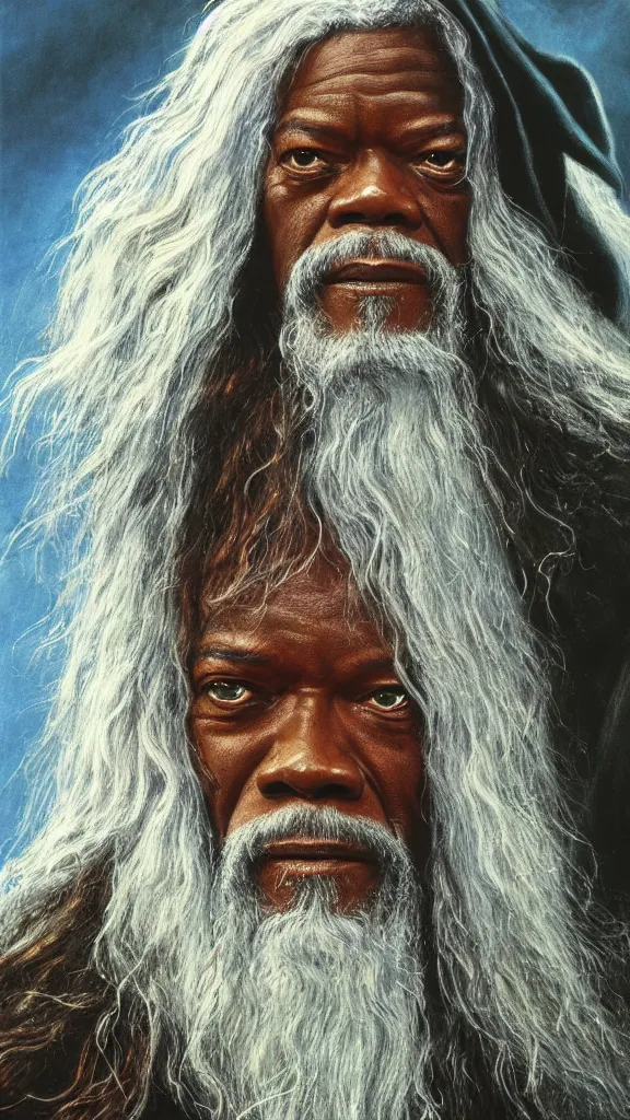 Image similar to portrait of samuel jackson as gandalf, by alan lee, lord of the rings calendar, smooth, detailed terrain, oil painting, matte painting, concept art, trending on artstation