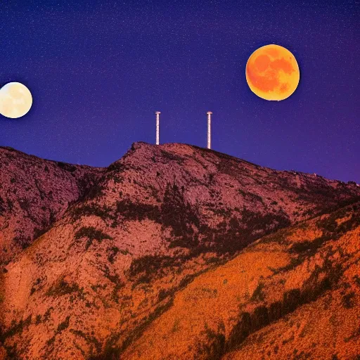 Image similar to Night photography of a misty mountain with a radio tower on top, and a yellow moon directly behind it. Lens compression