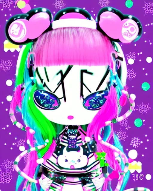 Image similar to cybergoth decora glitchcore yokai girl, sanrio ornaments, pastel cute cinematography