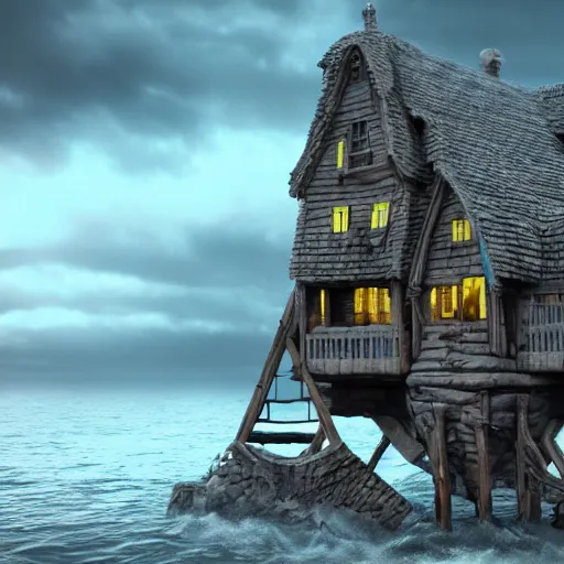 Image similar to a witches house on the ocean, epic scene, fantasy, redshift render, cgi, hyper - detailed, photo - bash, 8 k post - production, masterpiece