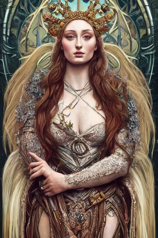 Image similar to Sophie Turner as a Goddess, cute, fantasy, intricate, elegant, highly detailed, digital painting, 4k, HDR, concept art, smooth, sharp focus, illustration, art by artgerm and H R Giger and alphonse mucha