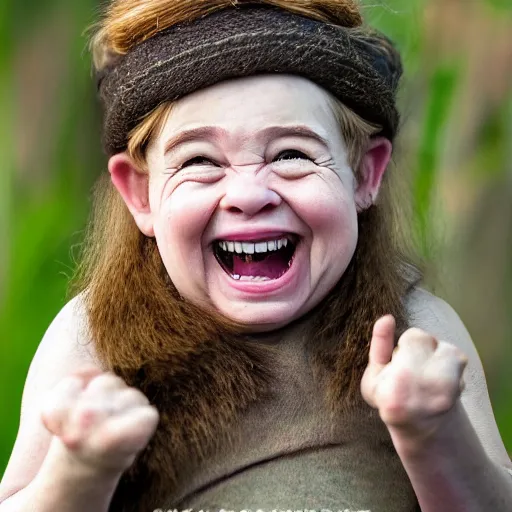 Image similar to photorealistic photograph of female dwarf telling a joke by Suzi Eszterhas, photorealism, photorealistic, realism, real, highly detailed, ultra detailed, detailed, f/2.8L Canon EF IS lens, Canon EOS-1D Mark II, Wildlife Photographer of the Year, Pulitzer Prize for Photography, 8k