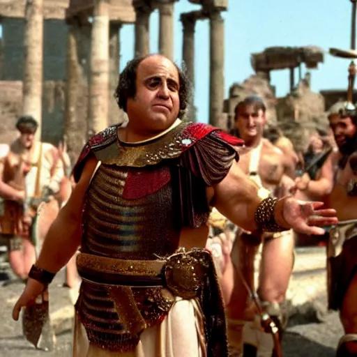 Image similar to danny devito as a roman praetorian in the streets of ancient rome, color film still