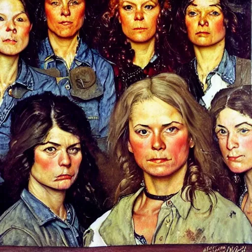 Prompt: Front portrait of an all-female outlaw gang. A painting by Norman Rockwell.