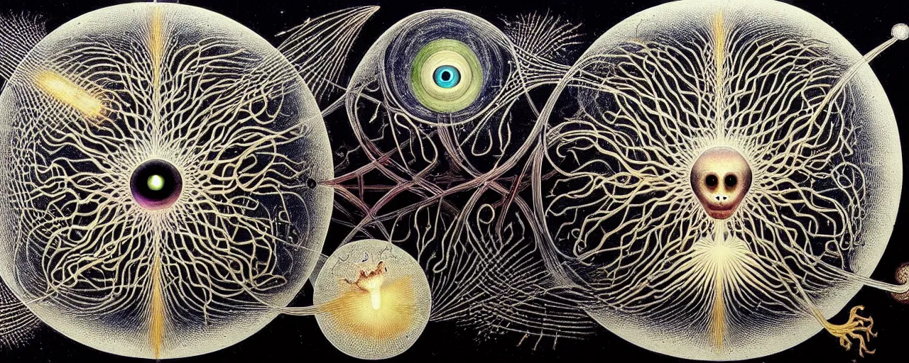 Image similar to a strange earth creature with endearing eyes radiates a unique canto'as above so below'while being ignited by the spirit of haeckel and robert fludd, breakthrough is iminent, glory be to the magic within, in honor of saturn, painted by ronny khalil