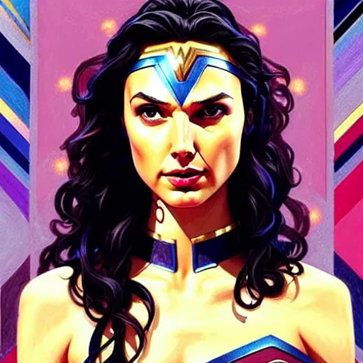 Image similar to Character Portrait Gal Gadot as Avatar Na’vi surrounded by geometric nodes, face, fantasy, intricate, elegant, highly detailed, digital painting, artstation, con*cept art, smooth, sharp focus, illustration, art by Greg Manchess and Fernanda Suarez and Artem Demura and alphonse mucha