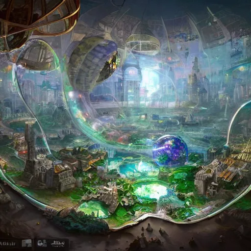 Image similar to a bubble terrarium utopia, with cities galore, dynamic lighting, fantasy concept art, trending on art station, stunning visuals, creative, cinematic, ultra detailed