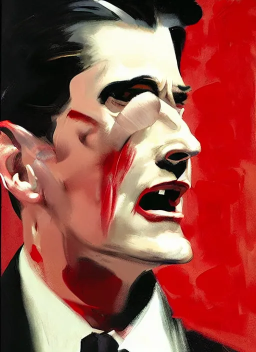 Image similar to dale cooper doppelganger, screaming, WHITE EYES!!! red curtains, painting by phil hale, 'action lines'!!!, graphic style, visible brushstrokes, motion blur, blurry