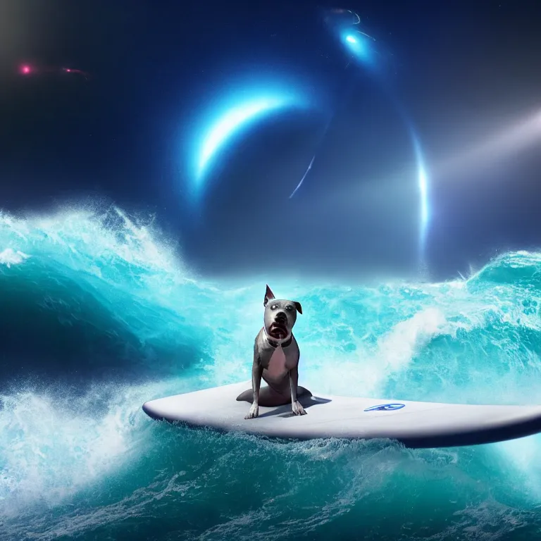 Image similar to photo of a gray coat pit bull with white paws, surfing on a surfboard in a crashing wave of alien ocean in space, background is an alien galaxy, aliens in the background, alien colors, octane render, unreal engine, wide view, 8 k, high detaild