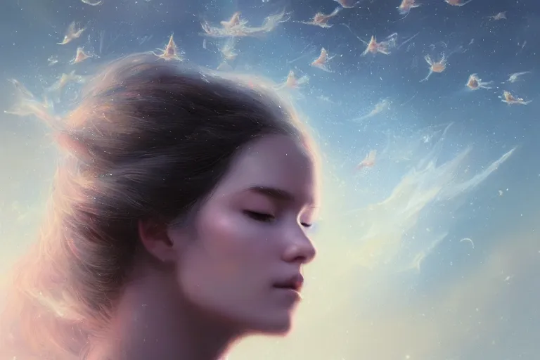 Image similar to a beautiful portrait of a cloud goddess with numerous tiny birds flying in the background and closed eyes, galaxy theme colors, galaxy theme colors, ultra realistic digital art by Greg Rutkowski and Raymond Swanland, Trending on Artstation, ultra realistic digital art, ultra realistic digital art