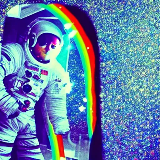 Image similar to astronaut in a room full of mirrors reflecting him, prism, rainbow glitter